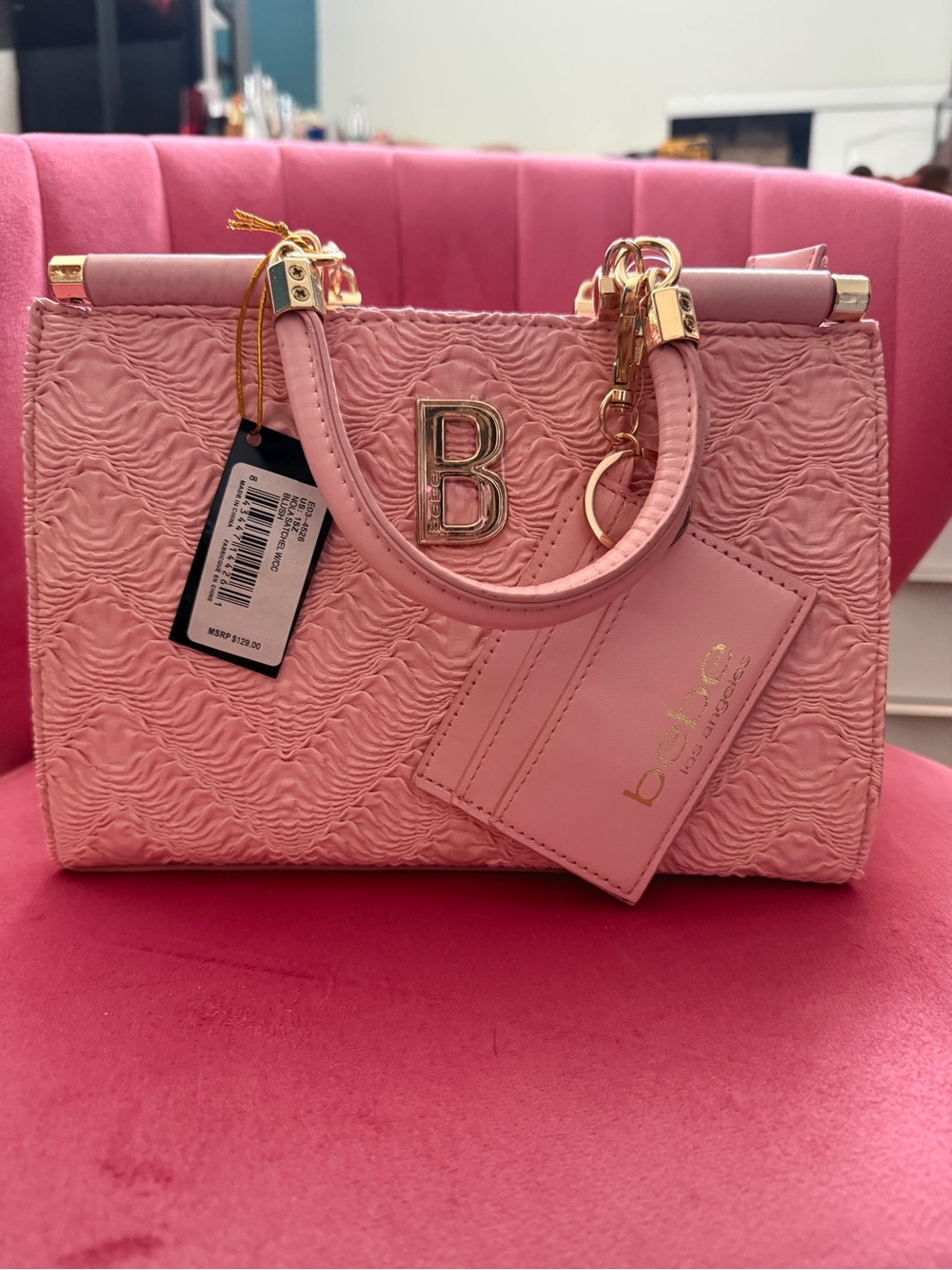 bebe Pink Textured Satchel with Gold Hardware and Charm